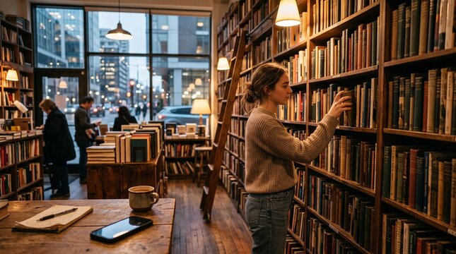 Young Adult Browsing Books in Cozy Independent Bookstore
