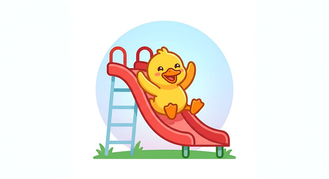Cute duckling sliding down playground slide