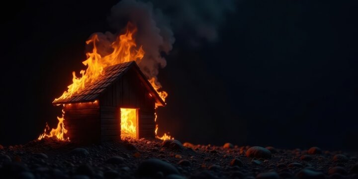 A small wooden structure engulfed in flames, casting an ominous glow against a dark background, embers glowing