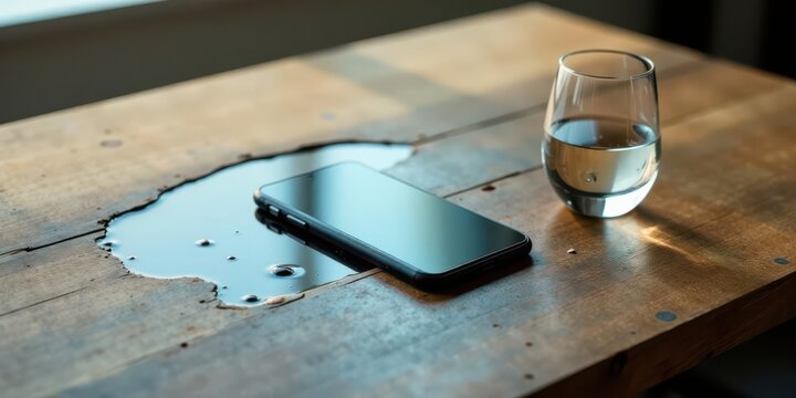 A mobile device rests in a puddle of liquid on a rustic wooden surface, near a glass of water, suggesting an accidental spill