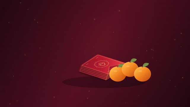 Layered red gift envelopes and ripe mandarin oranges form an isometric festive still life with a gentle bounce and swaying green leaves.