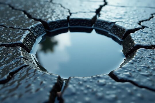 Reflective puddle in a cracked paving surface after a rainfall