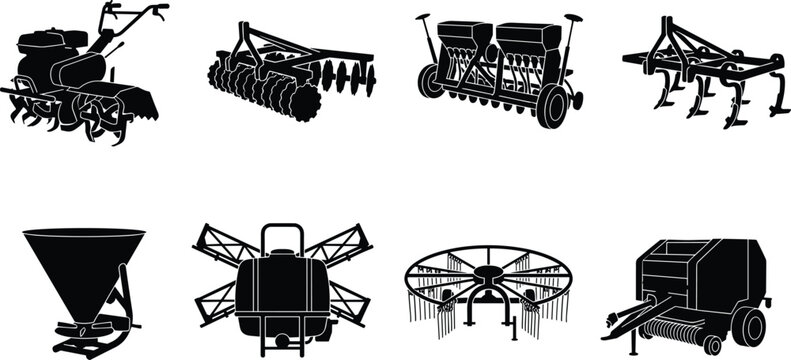 Set of agricultural machinery and tractor implement silhouettes featuring tiller seeder harrow cultivator sprayer fertilizer spreader and baler