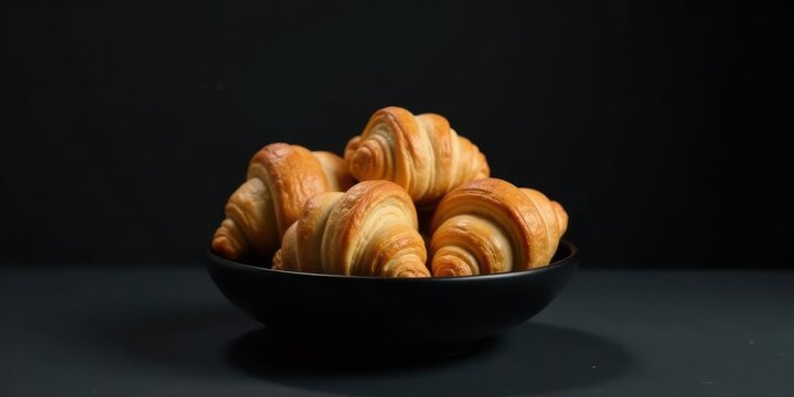 A delectable collection of freshly baked croissants, golden brown and flaky, rests in a sleek black bowl, ready to be enjoyed.