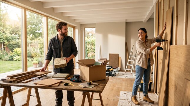 Young Couple Renovating Modern Home with Sustainable Materials