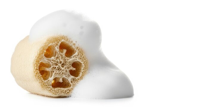 A premium wet loofah sponge produces thick, rich white lather against a clean white background, captured with professional studio lighting, clear, macro, moisture