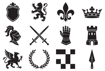 Fototapeta premium Medieval heraldic kingdom icons and royal silhouette set