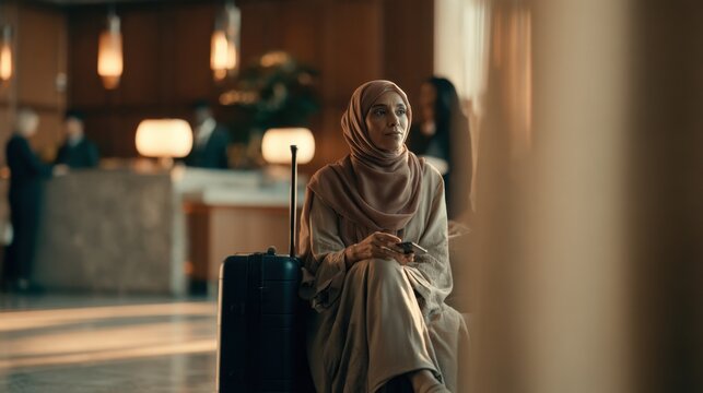 Muslim woman with luggage waiting in a hotel lobby