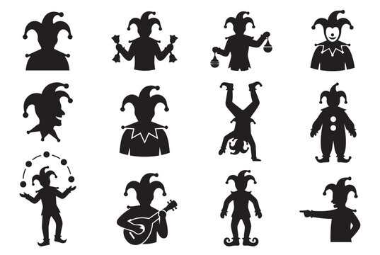 Jester and joker character silhouettes performing various actions