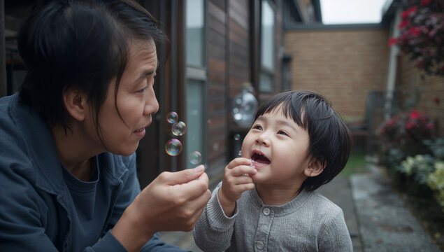 屋外でシャボン玉を楽しむ大人と幼い子ども