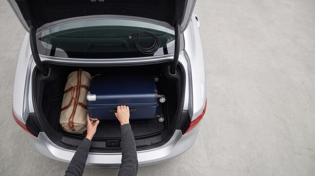 Suitcase being loaded into a car trunk from above  