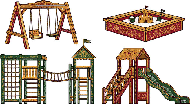 Ornate kids playground vector element set featuring decorative traditional folk art swings sandbox slide and climbing fortress tower