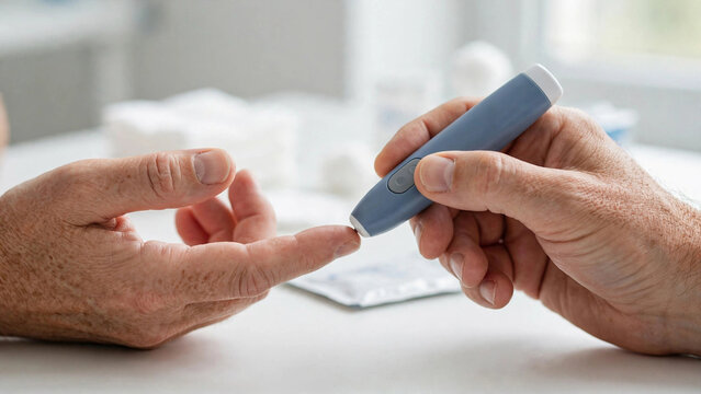 Elderly person using lancet device for blood glucose testing, diabetes monitoring