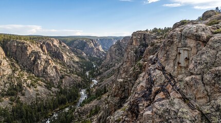 Fototapeta premium Grand canyon landscape showcasing rugged geological formations under clear skies with expansive copy space