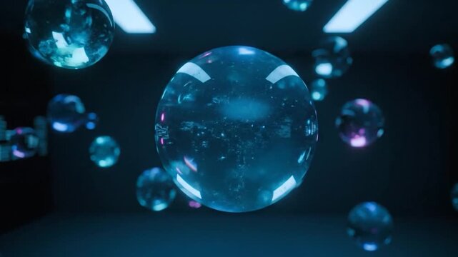 Futuristic Data Room with Floating Digital Bubbles