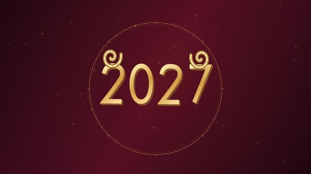 Custom drawn gold 2027 numerals turn gently in perspective beneath swaying spiral goat horns, framed by an elegant circular ornament.