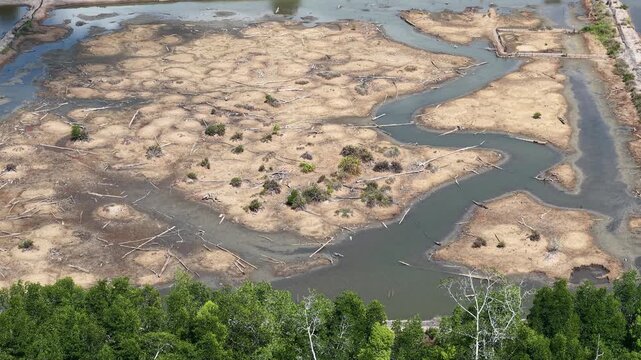 Rivers drying up due to climate change and global warming, with cracked dry land in the background