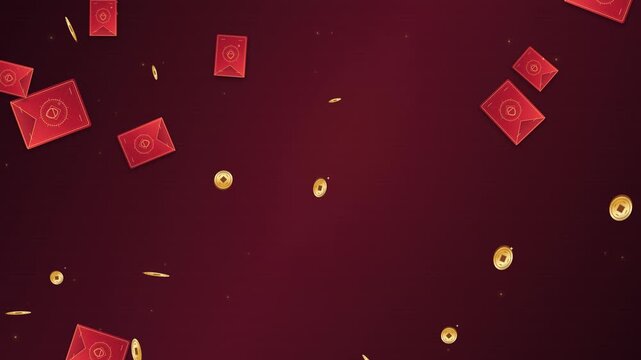 Red envelopes and square hole gold coins fall and spin across a deep red background with intermittent glints.