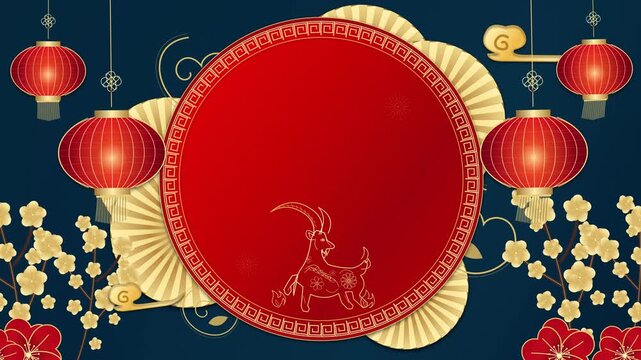 An ornate red circular copy space framed by a gold meander border, pleated gold fans, swaying red lanterns, auspicious clouds and flowering plum branches on deep navy blue. The gold meander ring rotat