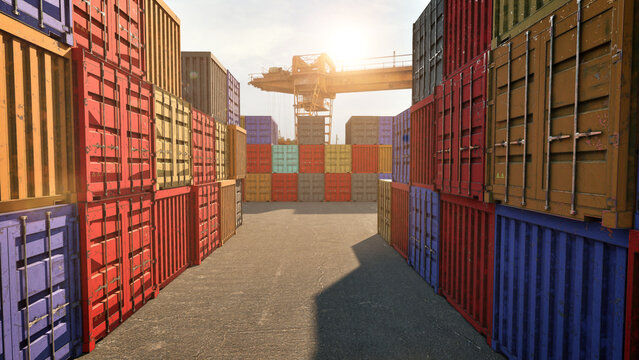 Industrial shipping port concept, Wide shot of stacked colorful cargo Container boxes in industrial yard. 3d rendering.
