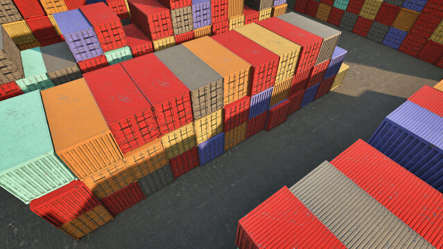 aerial view of container stacks tower. Heavy logistics infrastructure Terminal concept. 3d rendering.