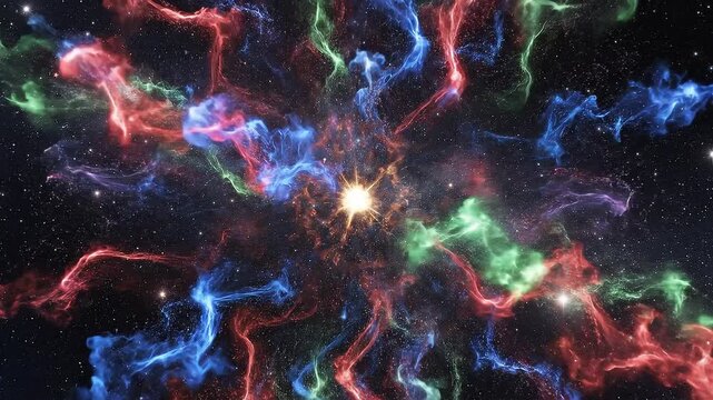 Radiant star exploding with colorful cosmic dust clouds in deep space motion video footage for background