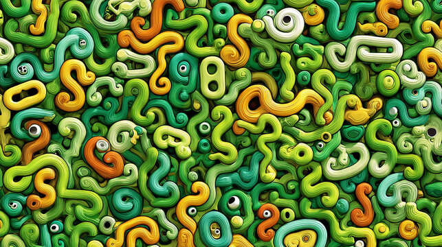 Abstract green and orange squiggly noodle background with googly eyes