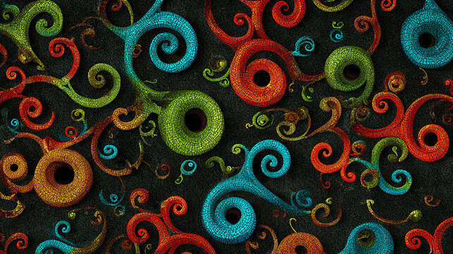 Abstract colorful mosaic swirl patterns on dark textured background