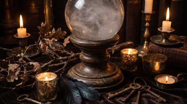 Crystal Ball Smoke Vintage Candles Feathers Old Keys Fortune Teller Mystic Setup