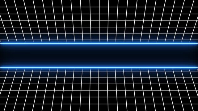 A futuristic digital grid pattern with glowing neon blue horizontal lines forming a central abstract tunnel or pathway on a black background