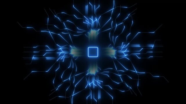 A complex network of glowing electric blue lines emanating from a central square processor or chip on a dark black background representing technology and data flow