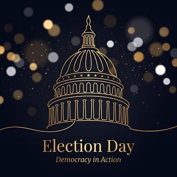 Election Day Democracy in Action illustration, gold line art capitol dome on dark background, elegant political voting event poster