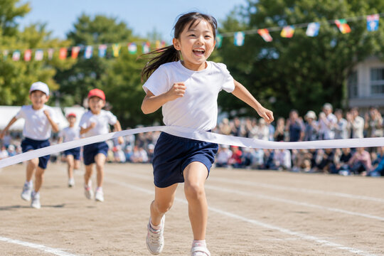 運動会でゴールテープを切る小学生の女の子