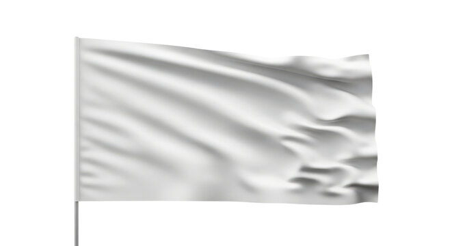 Waving blank white flag on a pole against a white background