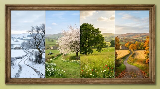 Four seasons landscape in framed canvas print rural countryside path through changing weather