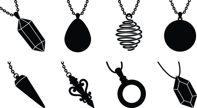 Set of vector black silhouettes featuring mystical crystal pendants, dowsing pendulums, and jewelry necklaces isolated on white