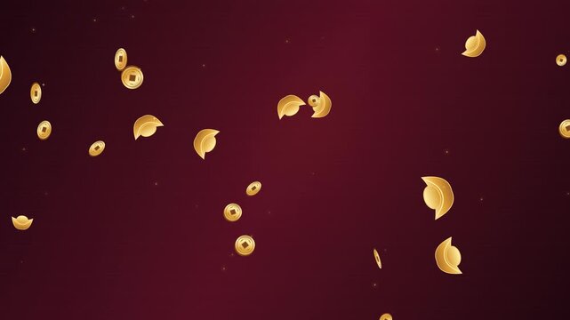 Polished stylized yuanbao ingots and square hole coins tumble in a staggered shower with bright contact inspired glints.