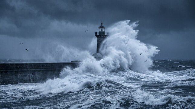 Large ocean wave crashing against a stone lighthouse pier during a powerful stormy weather event with crashes with sea