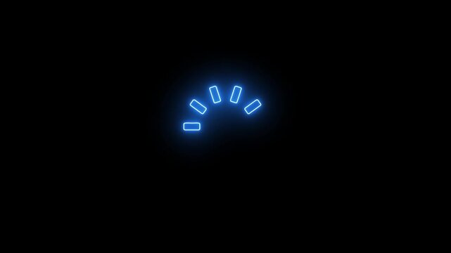 A glowing neon blue loading indicator composed of several curved rectangular segments arranged in a circular pattern on a dark black background, signifying a digital process or waiting state