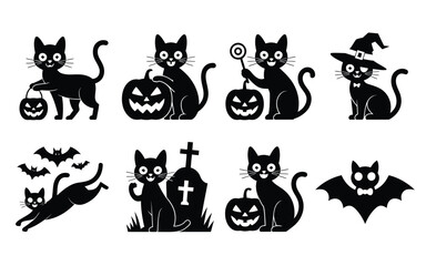 Fototapeta premium Cute black cat halloween vector set with jack o lantern pumpkins witch hat grave bat and candy for autumn holiday