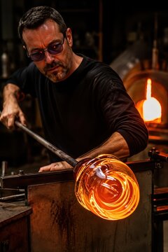 Glassblower shaping molten glass workshop firelight