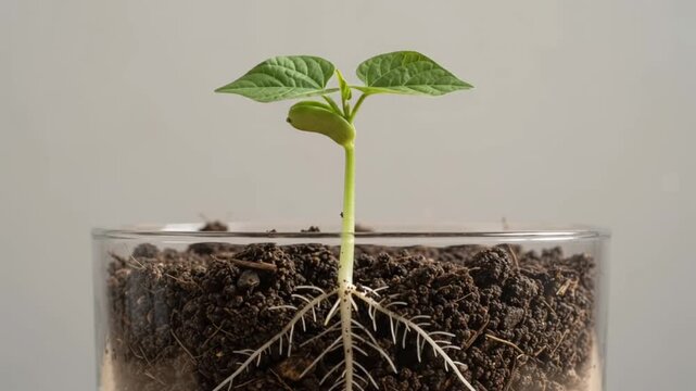 Bean plant germination time lapse video showing roots growing downwards into dark soil inside a clear glass container for science