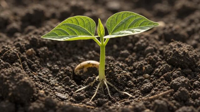 Green bean seedling germinating from dark rich fertile soil captured in a detailed time lapse growth animation motion video clip