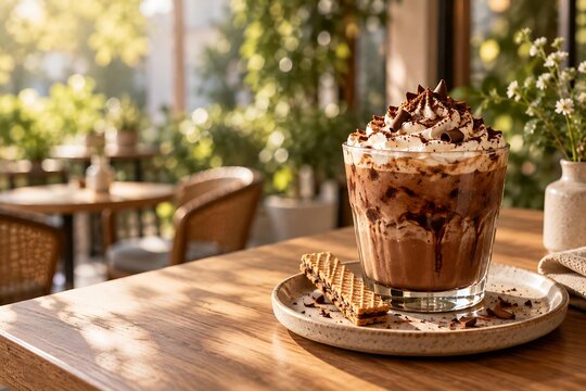 Iced Chocolate Mocha Frappe with Whipped Cream and Wafer on Wooden Cafe Table