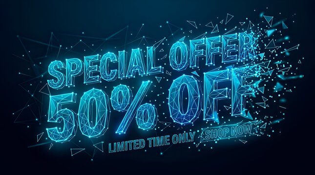 Dynamic digital special offer with a 50% off discount, presented in a glowing blue polygonal mesh style, perfect for limited-time promotions and futuristic marketing campaigns