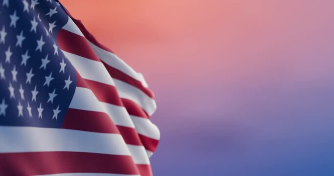 US flag waves with crisp red stripes and white stars. Soft pink sunset sky blurs in the background. Fabric texture shows gentle movement. Shallow depth of field creates dreamy atmosphere