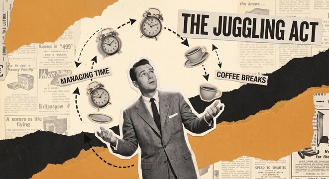 Executive multitasking stress, vintage 1950s businessman juggling clocks coffee and corporate paperwork. Retro satirical editorial collage titled the juggling act examines workplace strain.