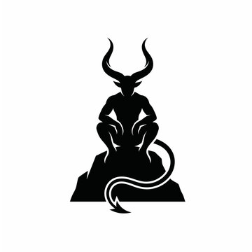 Silhouette of a horned demon or satanic creature perched on a rocky mountain peak for vector logo design