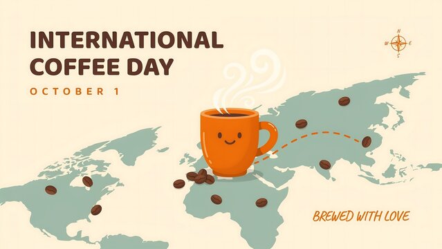 Happy coffee mug on world map illustration