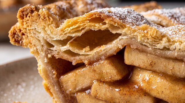 Delicious golden apple pie slice featuring flaky crust and cinnamon spiced fruit filling captured with soft natural bright indoor lighting